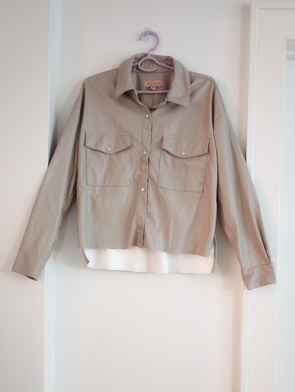 Philosophy Taupe Faux Leather Lightweight Shirt Jacket Altered Size M